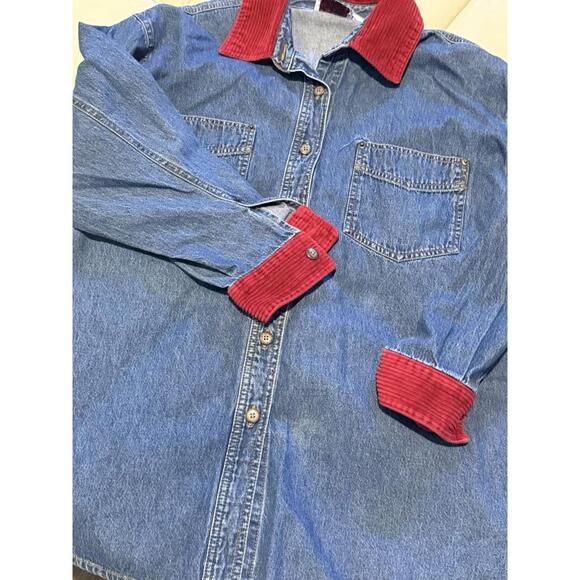 Tops - Carolina Blues plus Women's Red Corduroy Collar Denim Shirt 18W